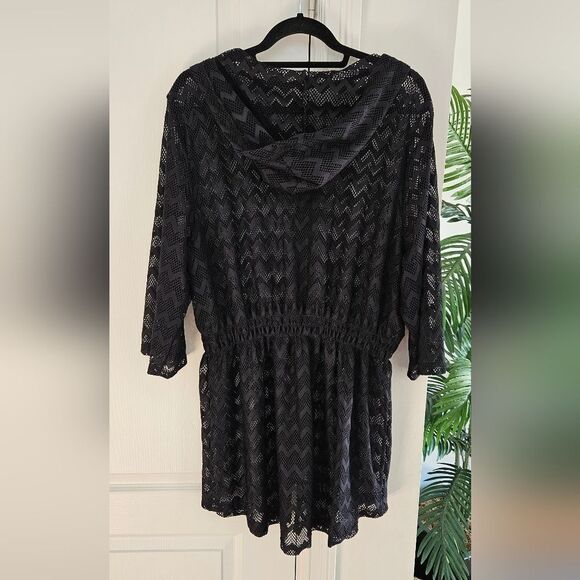 Black Lace Hooded Zip Up Top/ Swim Cover-Up - Picture 2 of 5